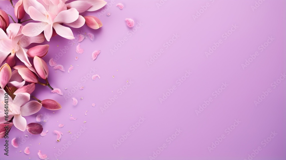 a bunch of pink flowers with petals on a purple background.  generative ai