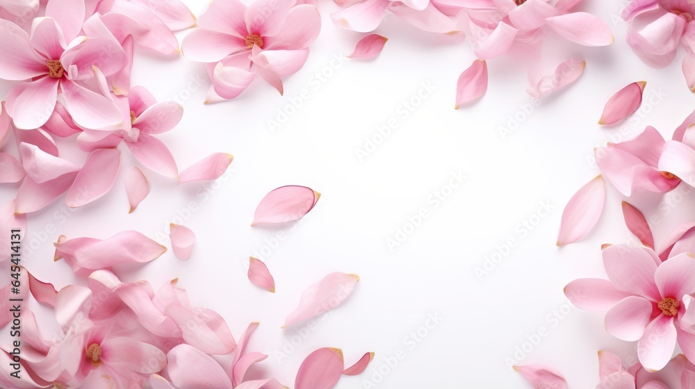  a white background with pink flowers and petals on the petals.  generative ai