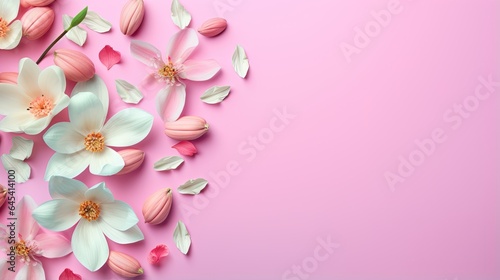  pink and white flowers on a pink background with space for text.  generative ai