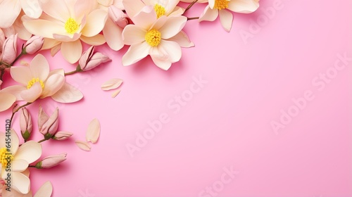  a pink background with white flowers on a pink background with a place for text.  generative ai
