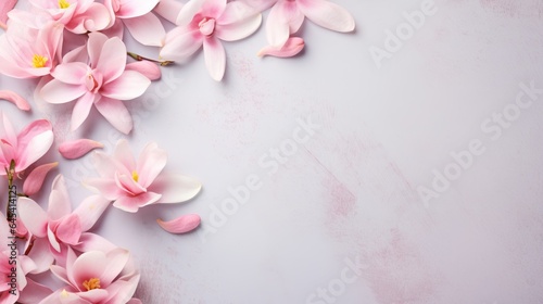  pink flowers on a white background with a place for text.  generative ai