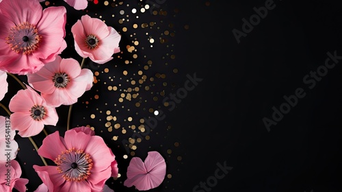  a bunch of pink flowers on a black background with gold confetti.  generative ai