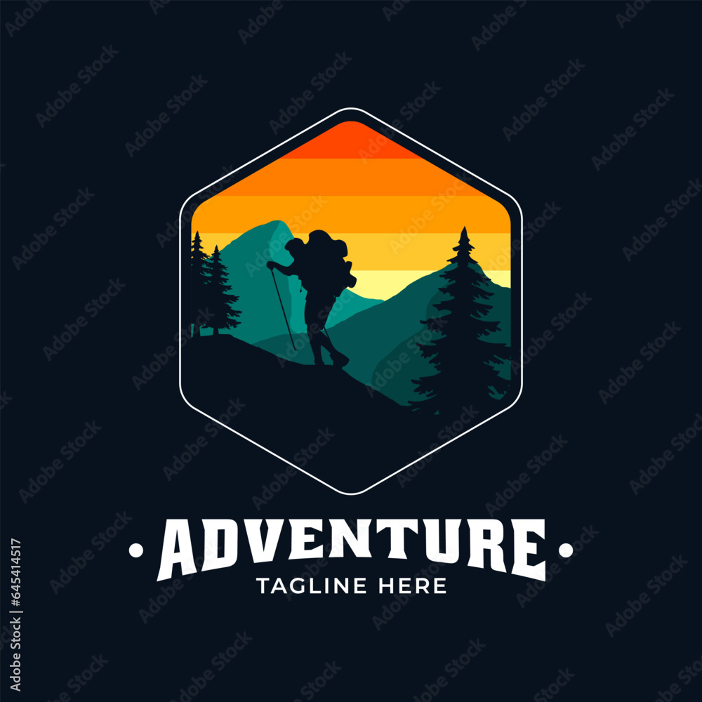 Vintage modern adventure logo with view of people climbing mountains