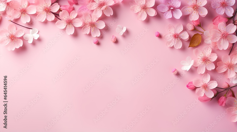  a pink background with pink flowers and leaves on the branches.  generative ai