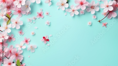  pink flowers on a blue background with a place for text. generative ai