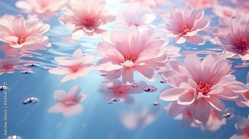  a bunch of pink flowers floating on top of a body of water.  generative ai