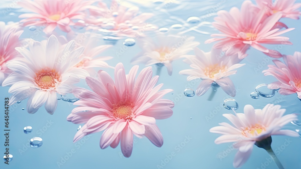 a group of pink flowers floating on top of a body of water.  generative ai