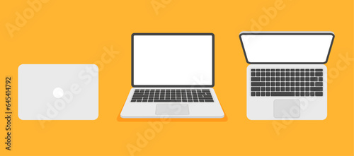 Laptop front and top view. White screen display. Computer mock up set. Vector illustration in flat style isolated on yellow background.