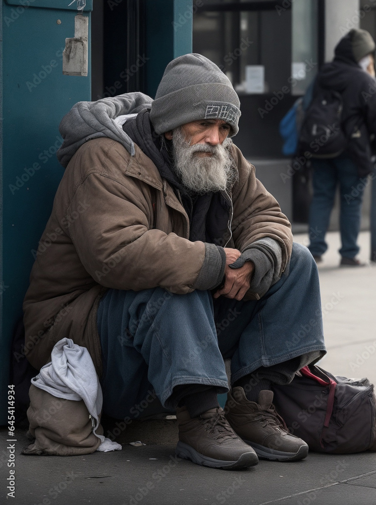 Fototapeta premium An image depicting a homeless person's daily struggle, emphasizing the need for empathy and support.