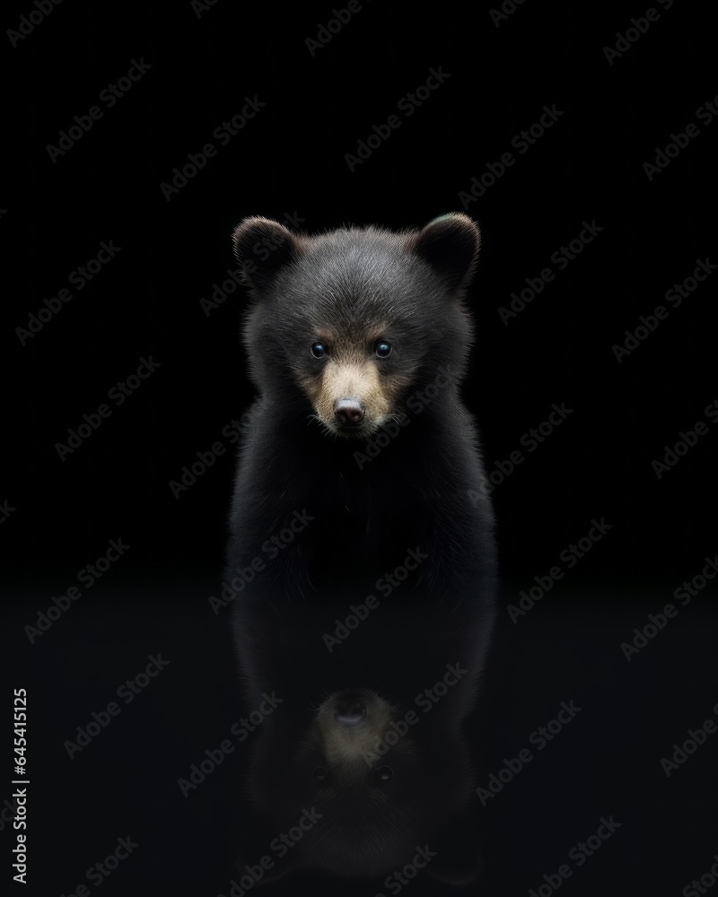 Obraz premium Close up of a black bear cub on a reflective black background