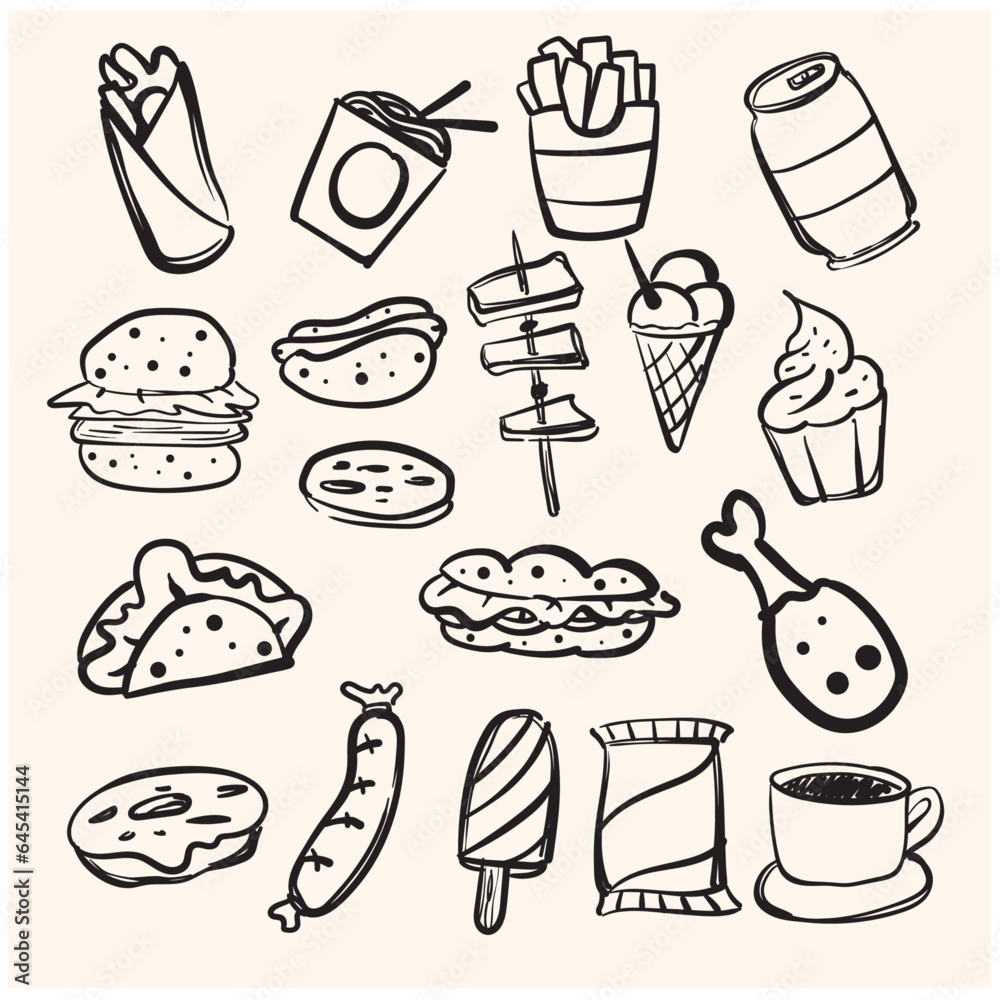 Fast Food Sketch Doodle Icon Hand Made Vector Line Art
