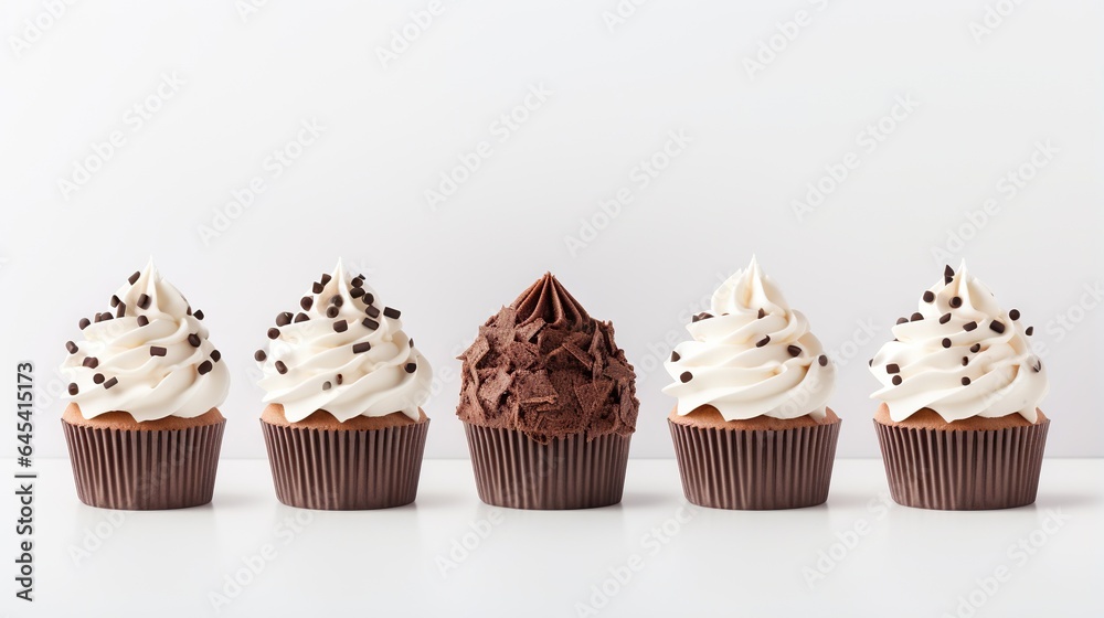  a row of cupcakes with white frosting and chocolate sprinkles.  generative ai