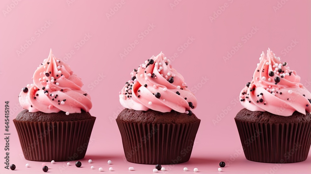  three cupcakes with pink frosting and sprinkles.  generative ai