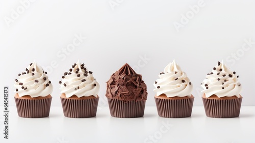  a row of cupcakes with white frosting and chocolate sprinkles. generative ai