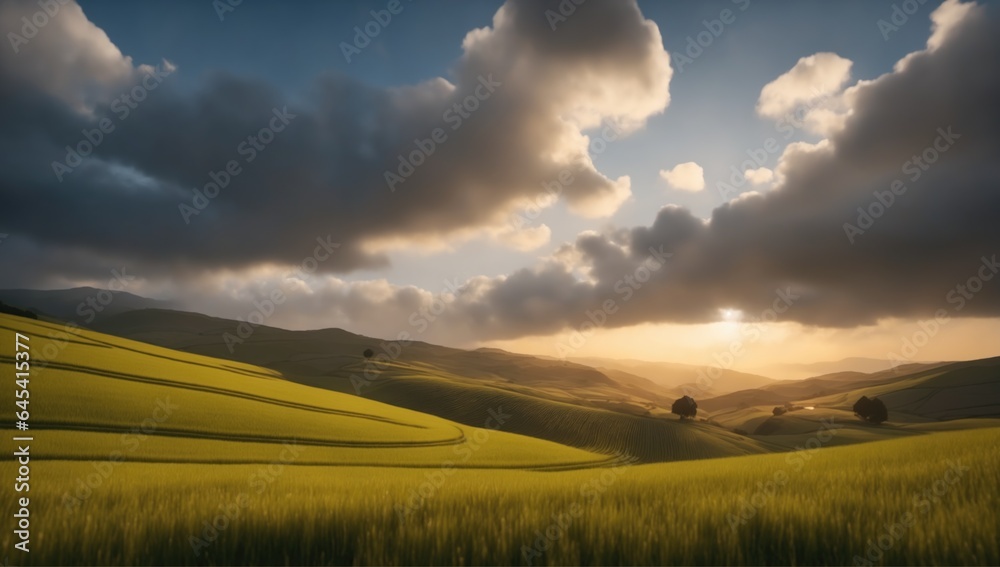 Serene Sunrise Over Vast Landscape. A breathtaking view of nature as the sun rises, perfect for inspiring outdoor enthusiasts and nature lovers..