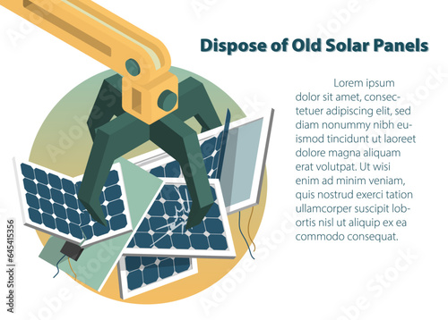 Crane grabber loading Solar Panel, Hydraulic Claw, Disposal of Solar Panels, vector illustration.