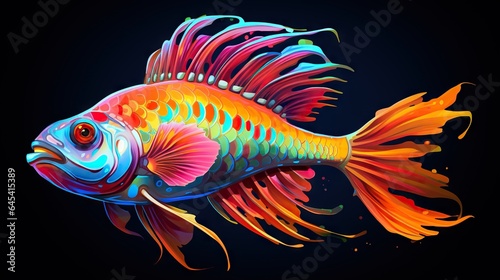  a colorful fish with a black background and a black background. generative ai