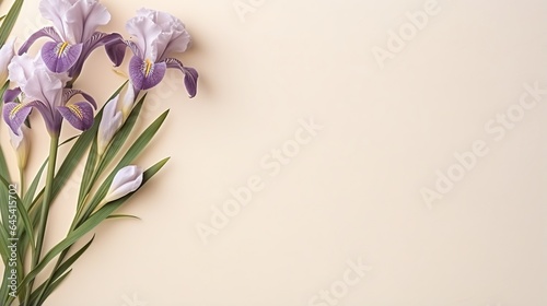  a bouquet of purple and white flowers on a beige background.  generative ai