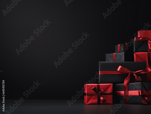 Black Friday Super Sale banner with realistic black gifts boxes and gold bows. Dark background golden with copy space. Generative AI