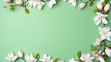  a green background with white flowers and leaves on the corner.  generative ai