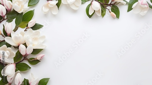  a white background with pink and white flowers and green leaves. generative ai