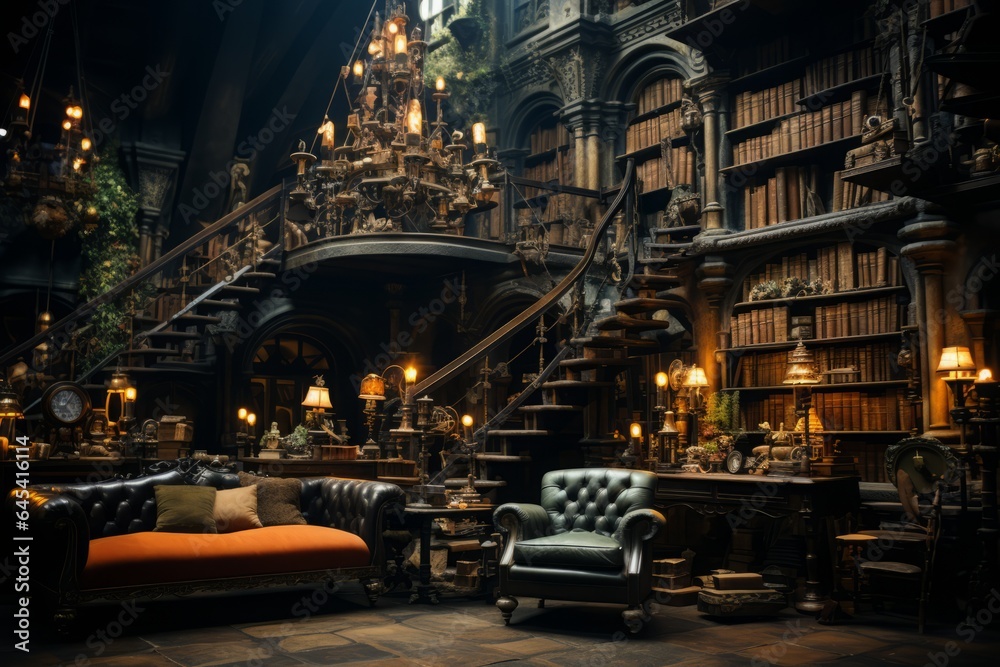 Antique Library: A grand library with towering bookshelves