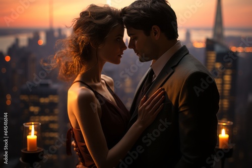 Rooftop Romance: A couple sharing an intimate moment on a city rooftop during sunset, skyscrapers in the background. 