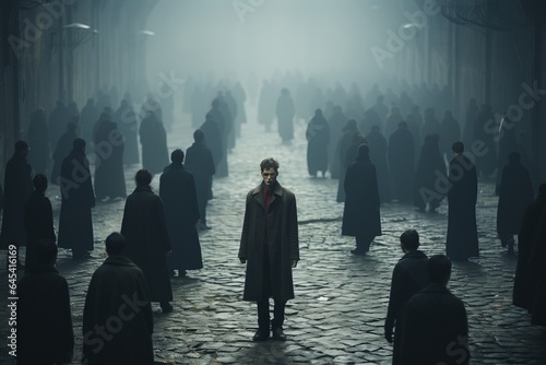A faceless individual stands apart, gazing away from an immense crowd enveloped in mist, epitomizing solitude amidst conformity and the unknown.