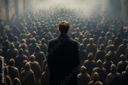 In the midst of a compelling cult gathering, a lone figure stands, symbolizing the profound solitude one can feel even when surrounded by many. photo