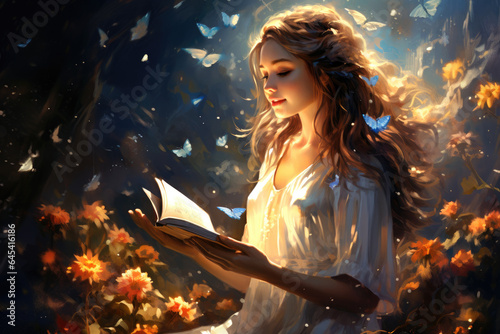 Illustration of a beautiful romantic young lady sitting in the forest surrounded by natural beauty reading a book Generative AI