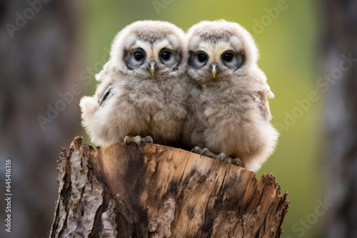 Fototapete Boreal owl chicks next to each other
