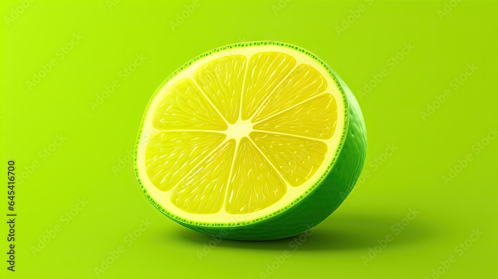a cut in half lemon sitting on a green surface with a green background. generative ai a cut in half lemon sitting on a green surface with a green background. generative ai