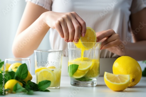 Girl squeezing lemon juice into a glass.