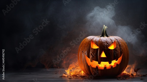  a carved pumpkin with glowing eyes on a dark background with smoke. generative ai