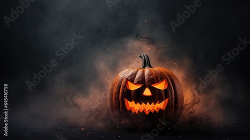  a halloween pumpkin with glowing eyes on a dark background with smoke. generative ai