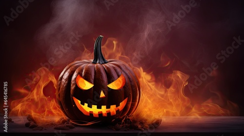  a jack o lantern pumpkin on a table with a dark background. generative ai