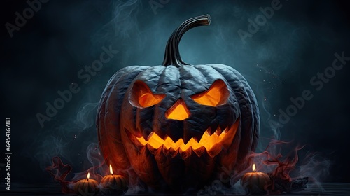  a carved jack o lantern with glowing eyes on a dark background. generative ai