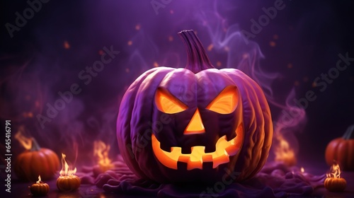  a halloween pumpkin with glowing eyes and a glowing face on a dark background. generative ai