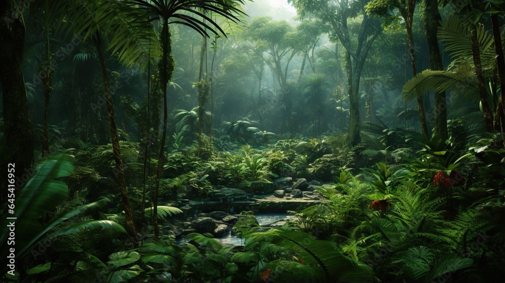  a lush green forest filled with lots of trees and plants.  generative ai