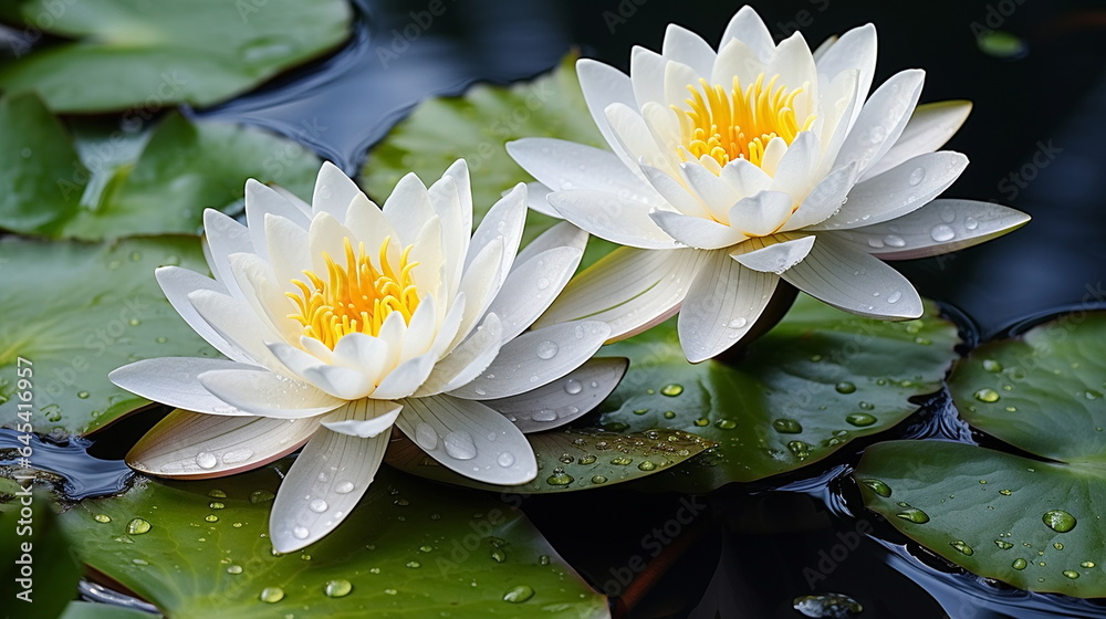 water lily on lake ,water reflection , trees in forest  ,wild lotus on sunset  sky on sea