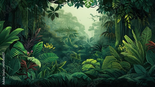  a painting of a jungle scene with lots of green plants. generative ai