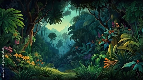  a painting of a jungle with lots of trees and plants.  generative ai