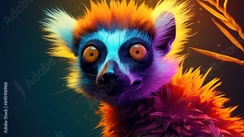  a painting of a colorful animal with orange eyes and a black background. generative ai