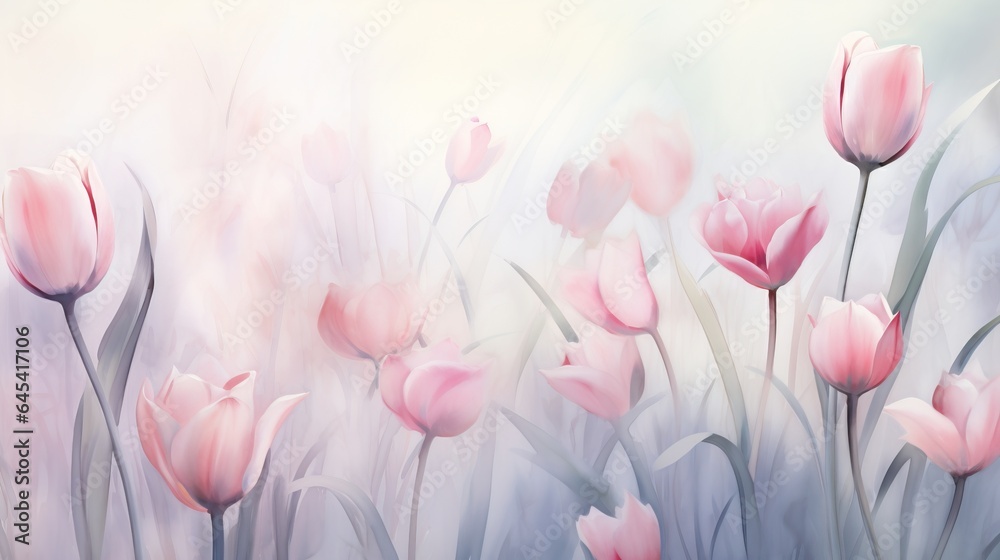  a painting of pink tulips in a field of grass.  generative ai - obrazy, fototapety, plakaty 