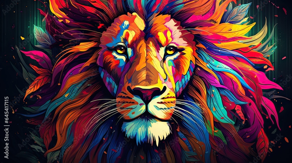 a colorful lion is shown on a black background with a splash of paint.  generative ai
