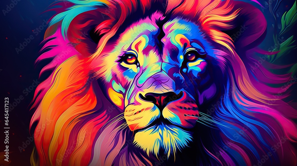  a colorful lion with a black background and a red, yellow, blue, and green mane.  generative ai