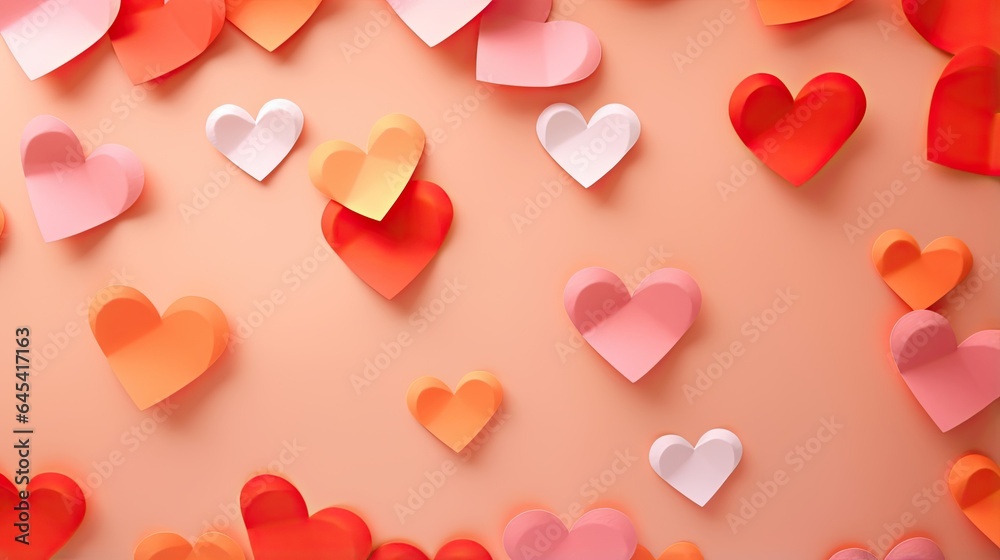  a bunch of paper hearts on a pink background with red and white hearts.  generative ai