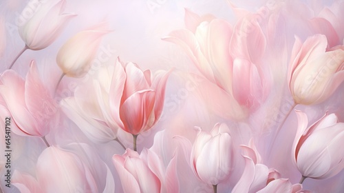  a painting of pink and white tulips in a field.  generative ai