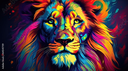  a colorful lion is shown on a black background with a red  yellow  and blue lion s head.  generative ai