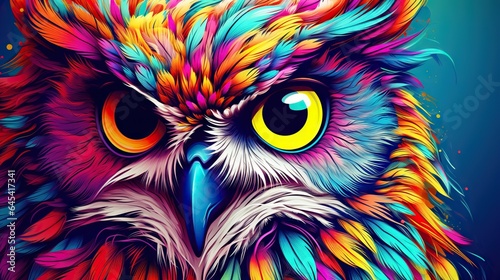  a colorful owl with big yellow eyes and a blue background.  generative ai